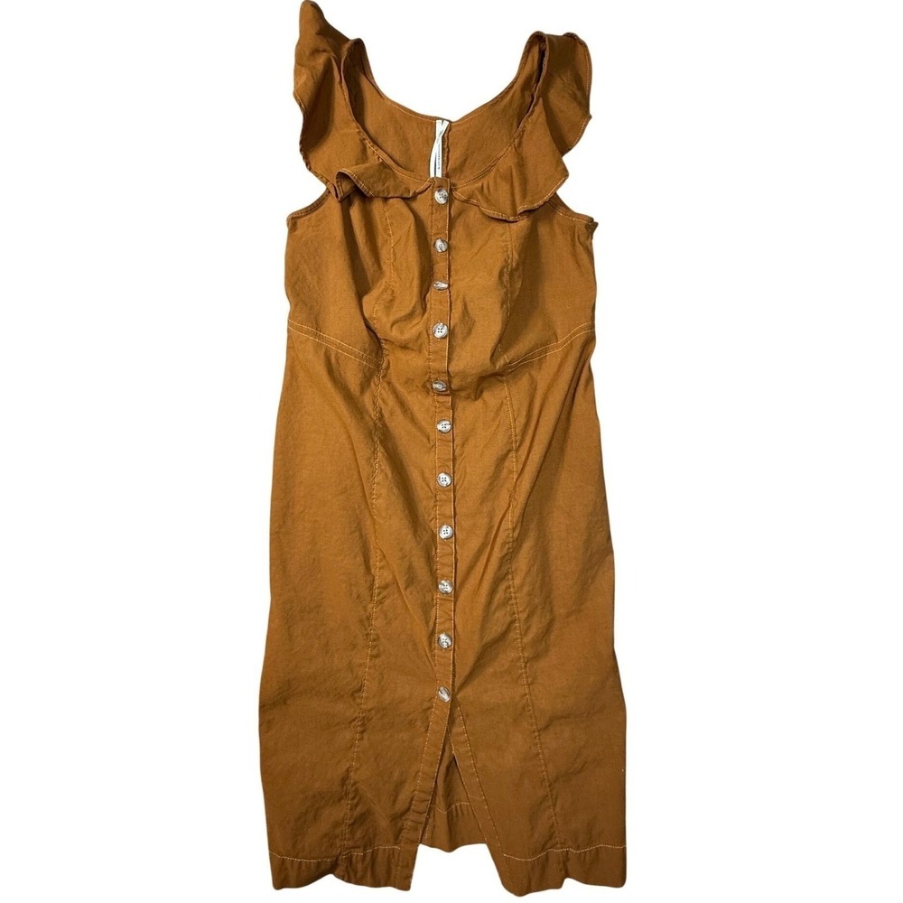 Anthropologie Ruffle Neck Button Front Midi‎ Dress Rust Brown Womens 1X
